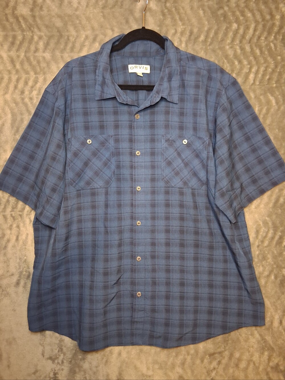 Orvis Short Sleeve Plaid Button-Up Blue And Black Shirt